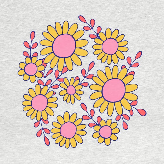 Retro 70s daisy flowers botanical design in blue, pink and yellow by Natalisa